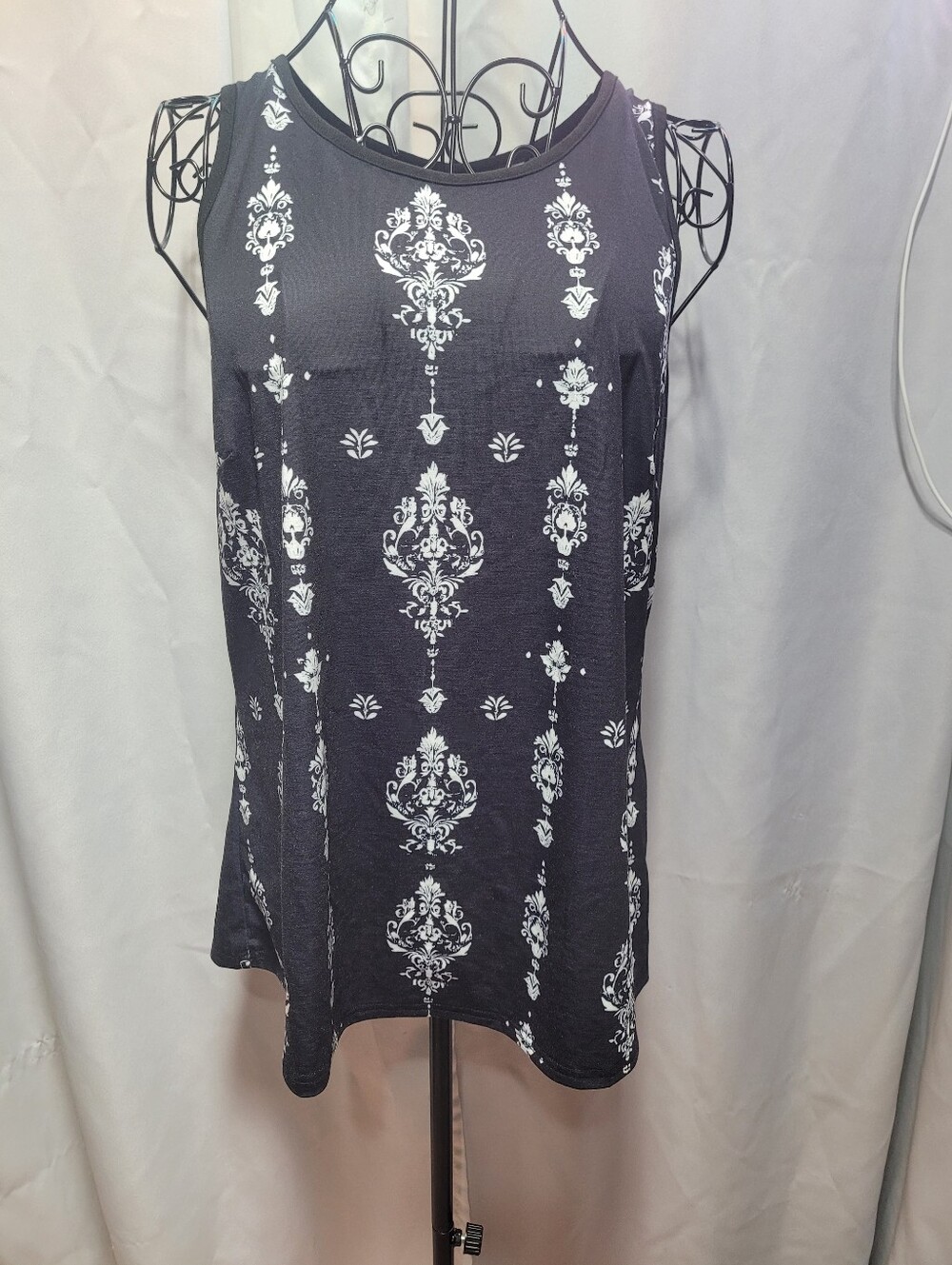 Amazon Black Tank Top with White Damask Print